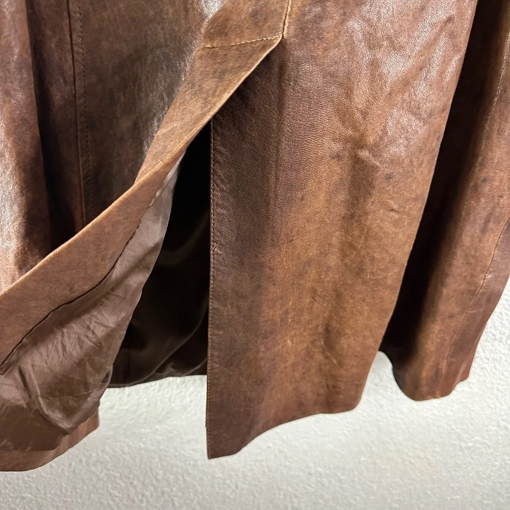 Michael Kors Brown Distressed Leather Long Western Style Button Jacket Size M